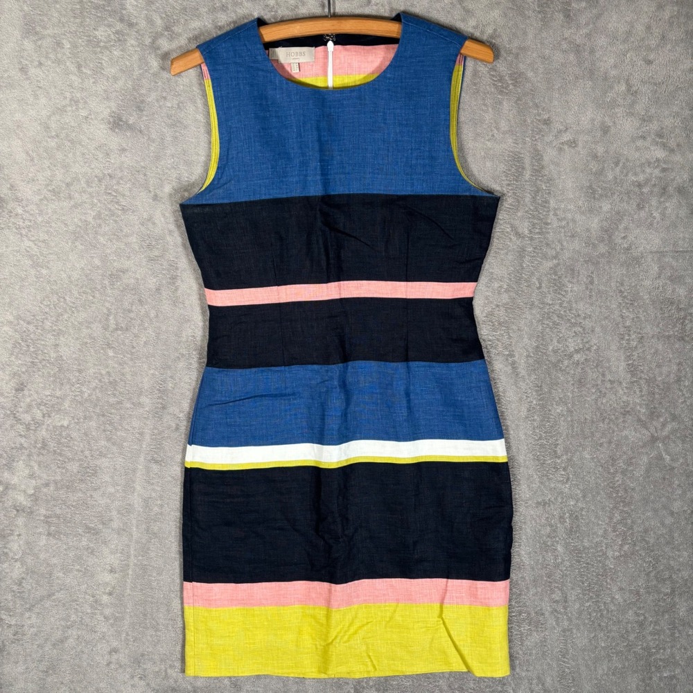 Hobbs London Multi-Color Striped 100% Linen Sleeveless Shift Dress US 6 UK 10